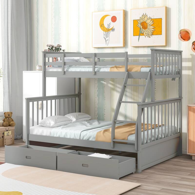 Space-Saving Twin Over Full Bunk Bed with Storage Drawers and Safety Rails