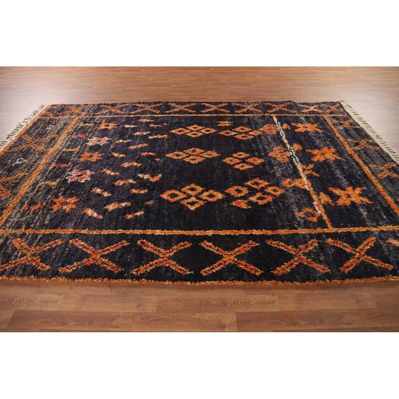 Navy Blue Plush Moroccan Area Rug Handmade Wool Carpet - 7'2" x 10'9"