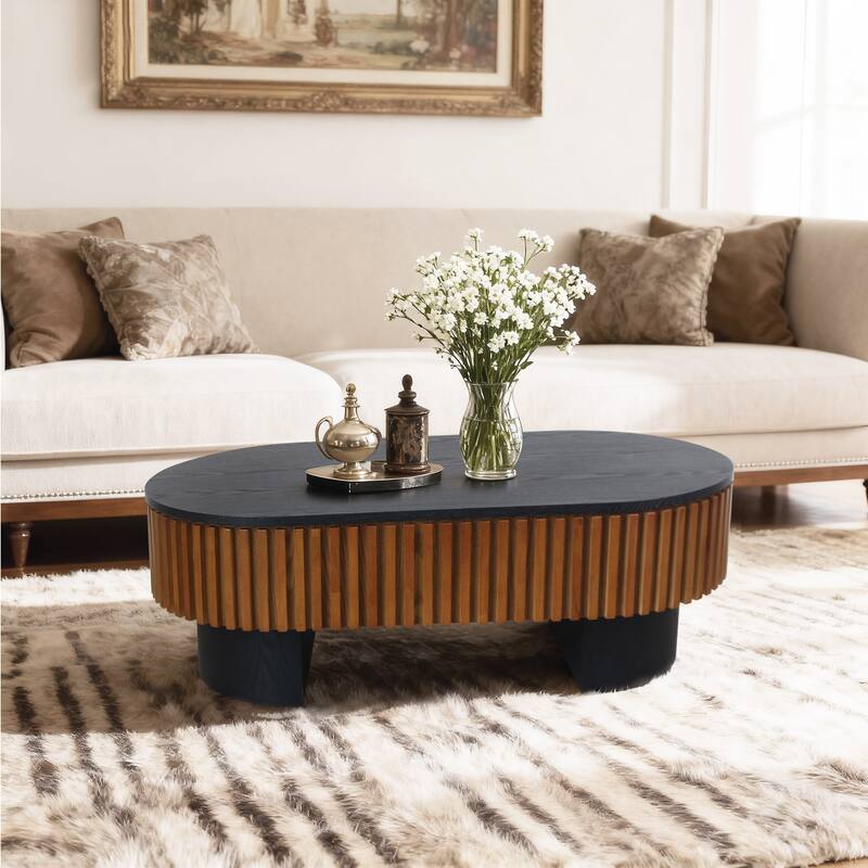 GDFStudio Nyverra Solid Wood Veneer Elliptical Coffee Table with Hidden Storage and Removable Top