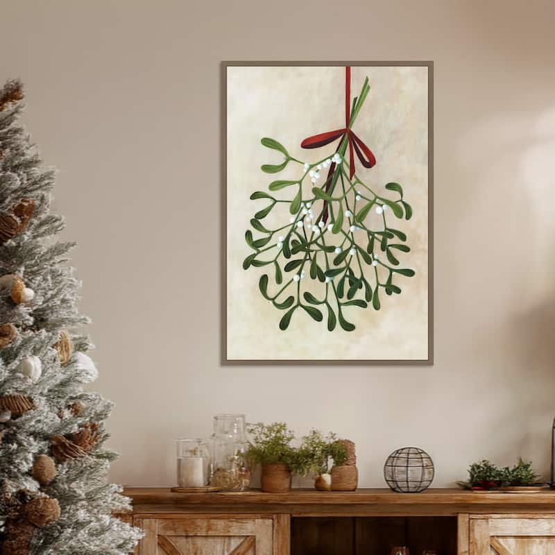 Mistletoe bouquet with bow by Rosana Laiz Blursbyai (23 x 33 in.), Framed Canvas Wall Art Print - Sylvie Dark Gold