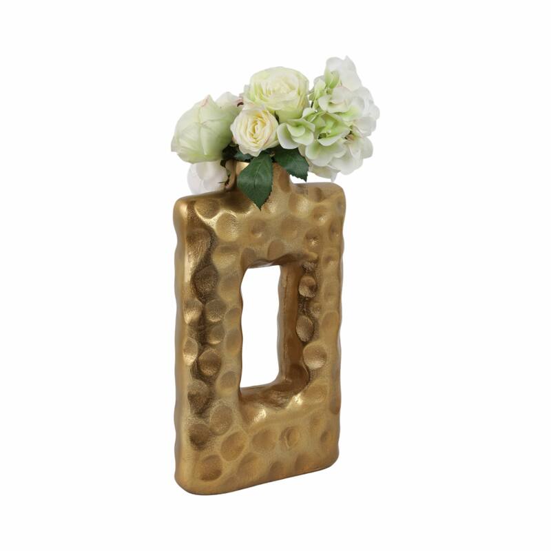 Metal Vase Hammered Texture with Rectangular Cutout Sculptural Design