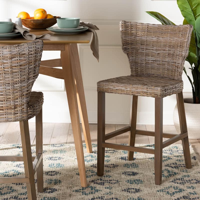 Enver Modern Bohemian Grey Kubu Rattan and Mahogany Wood Counter Stool