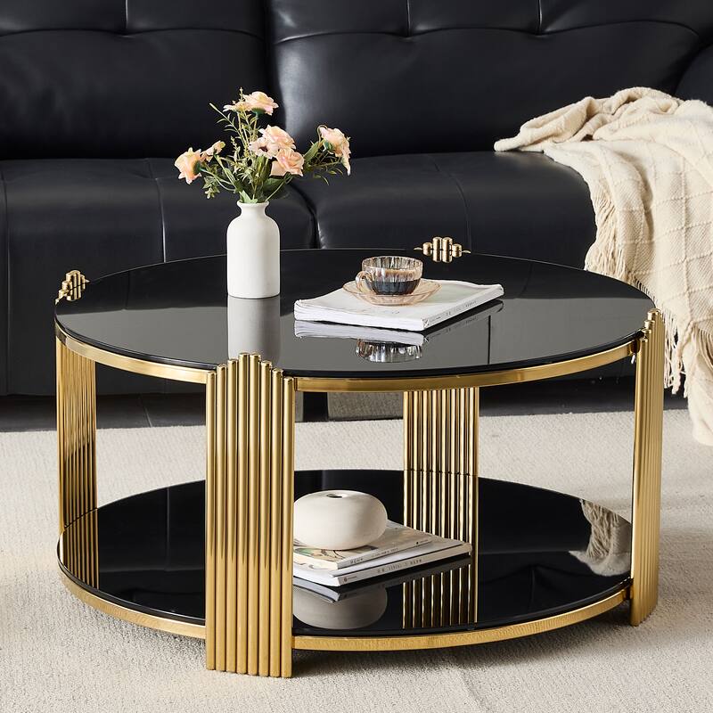 35inch Modern Coffee Table, Double-Layer Tempered Black Glass & Gold Stainless Steel Frame Living Room Table