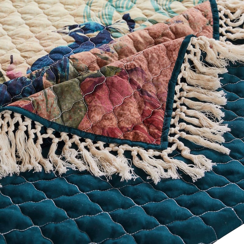 2 Piece Twin Size Quilt Set, Floral Print, Crochet Trim, Multicolor