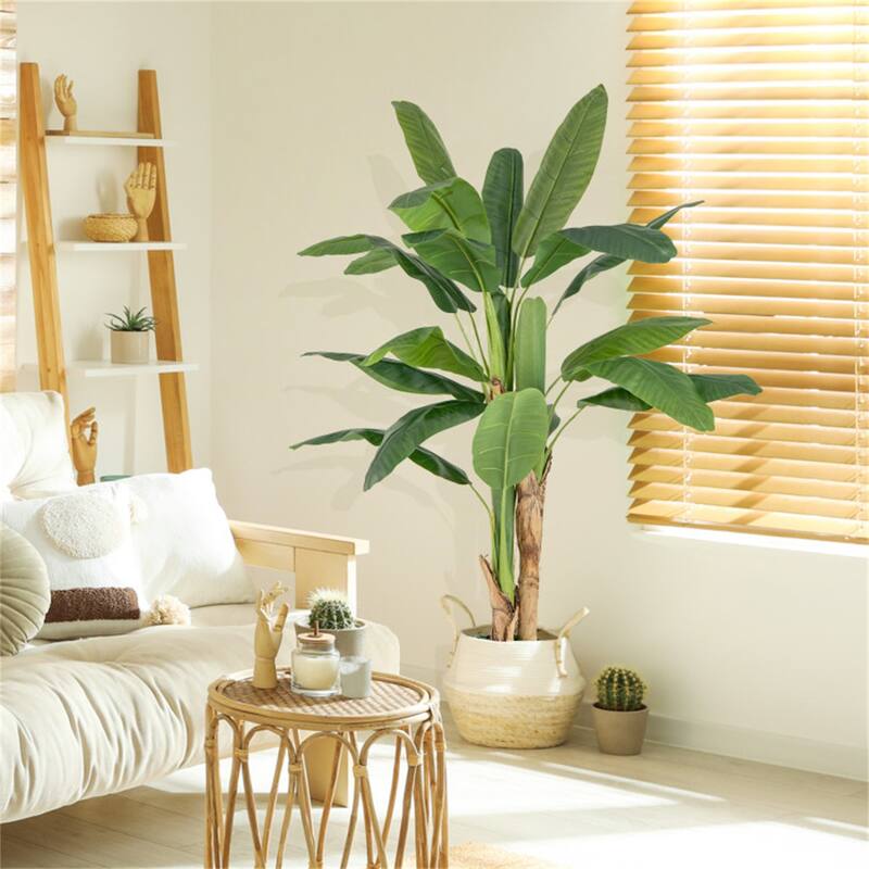 63" Artificial Banana Leaf Tree with Realistic Polyester Leaves and Cement Pot for Home Decor - 63"H