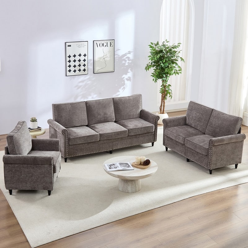Mixoy 3Piece Chenille Living Room Sofa Set,Modern 3-Seater Sofa Couch&Loveseat Sofa&Single Sofa Armchair Set,Unique Riveted Look