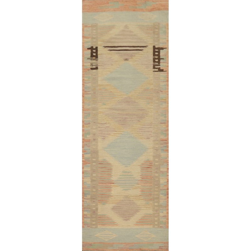 Hand Woven Oriental 100% Wool Carpet Southwestern Tribal Multi-Colored Kilim Runner Rug - 8' 0'' X 2' 2''