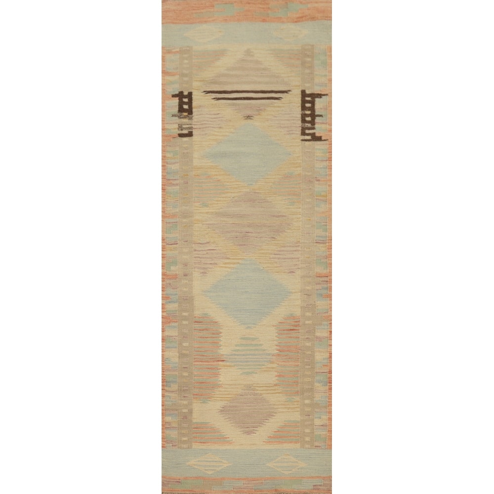 Hand Woven Oriental 100% Wool Carpet Southwestern Tribal Multi-Colored Kilim Runner Rug - 8' 0'' X 2' 2''