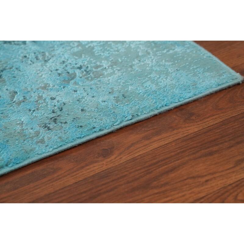 Machine Made Oriental Polyester Carpet Geometric Navy Blue & Blues Distressed Area Rug - 7' 5'' X 5' 2''