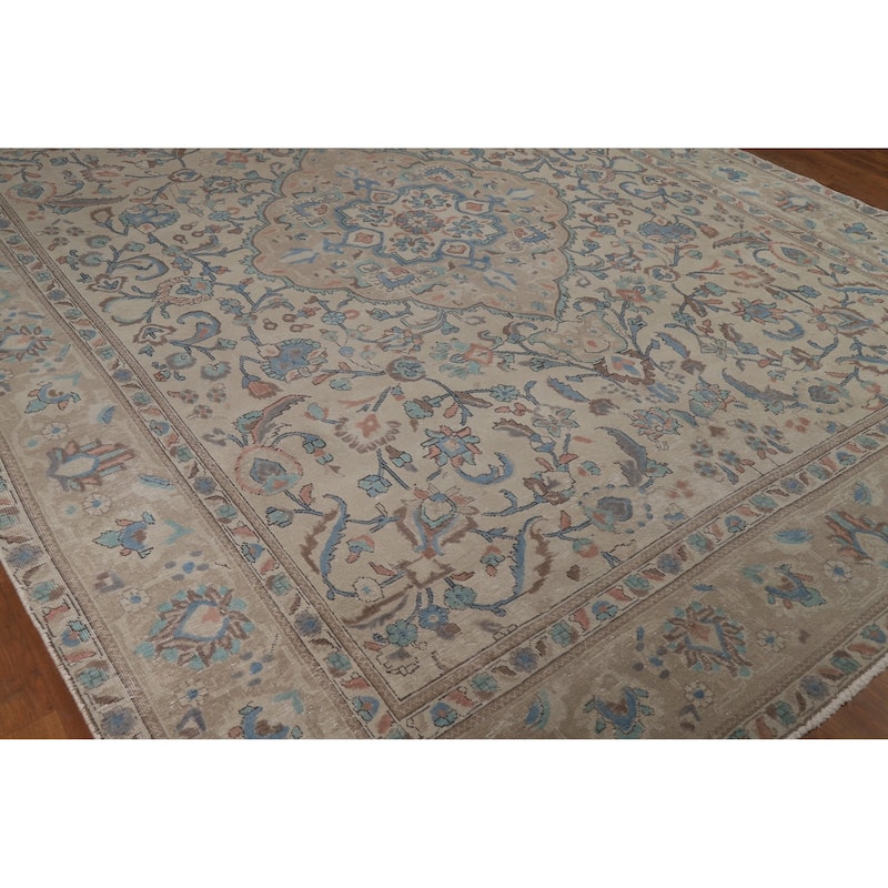 Traditional Tabriz Persian Rug Handmade Beige Wool Carpet - 9'2"x 12'4"