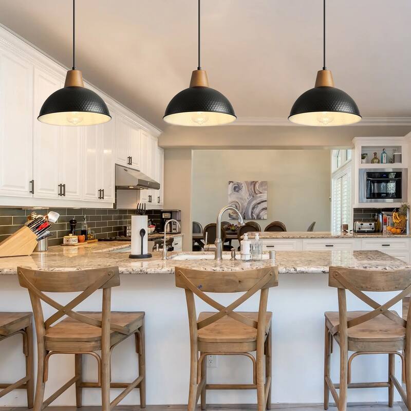 Industrial Farmhouse Pendant Light Fixture with Metal Shade and Faux Wood Grain Design