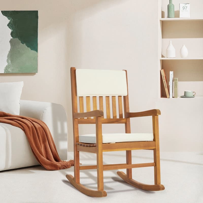 Natural Wood Outdoor Rocking Chair with Sponge Cushion