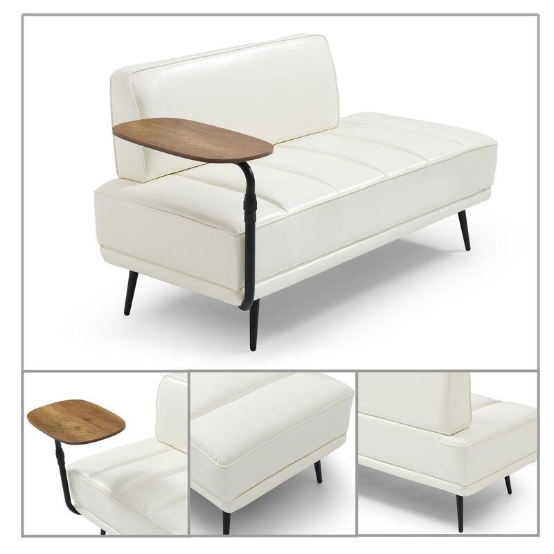 Modern minimalist bench with upholstered backrest and 360-degree swivelling side table, metal legs