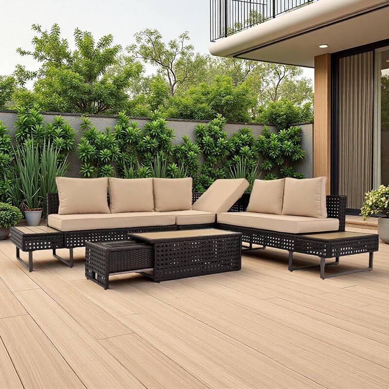 6-Piece Outdoor Patio Rattan Sectional Sofa Set with Adjustable Seat, Side Table, Coffee Table with Ice Bucket - Khaki+Brown