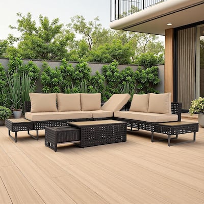 6-Piece Outdoor Patio Rattan Sectional Sofa Set with Adjustable Seat, Side Table, Coffee Table with Ice Bucket