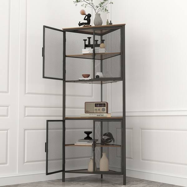 5 Tier Shelves with Metal Mesh Door Bookcase Storage Shelf Corner Shelf ...