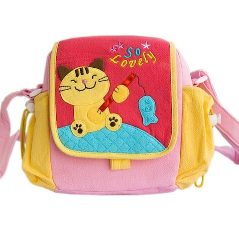 [Kitty Loves Fish] Embroidered Applique Kids Kitty Shoulder Bag / Swingpack / Travel Bag (7.3*7*2.4) - 7.3*7*2.4