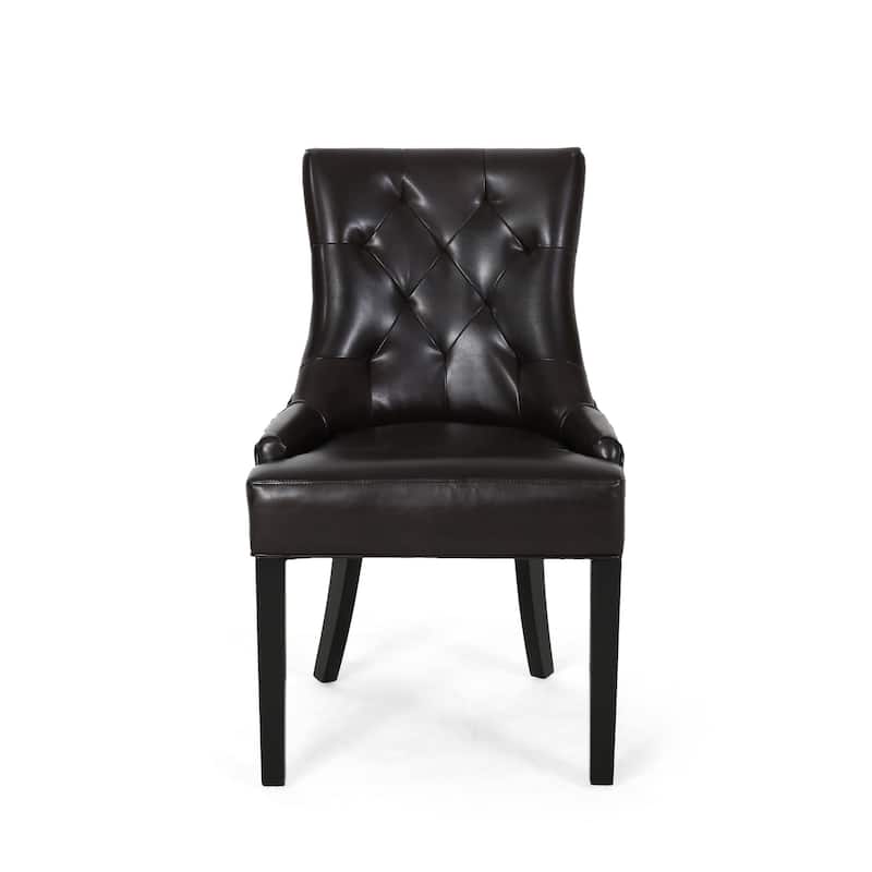 Chen Dining Chair Set of 2, Sloped Arms, Tufted Brown Faux Leather