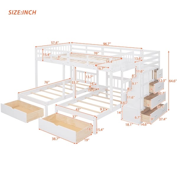 dimension image slide 1 of 2, Triple Bunk Bed with Stairs and Storage, Full Over Twin & Twin Bunk Bed for 3, Wooden Bunk Bed