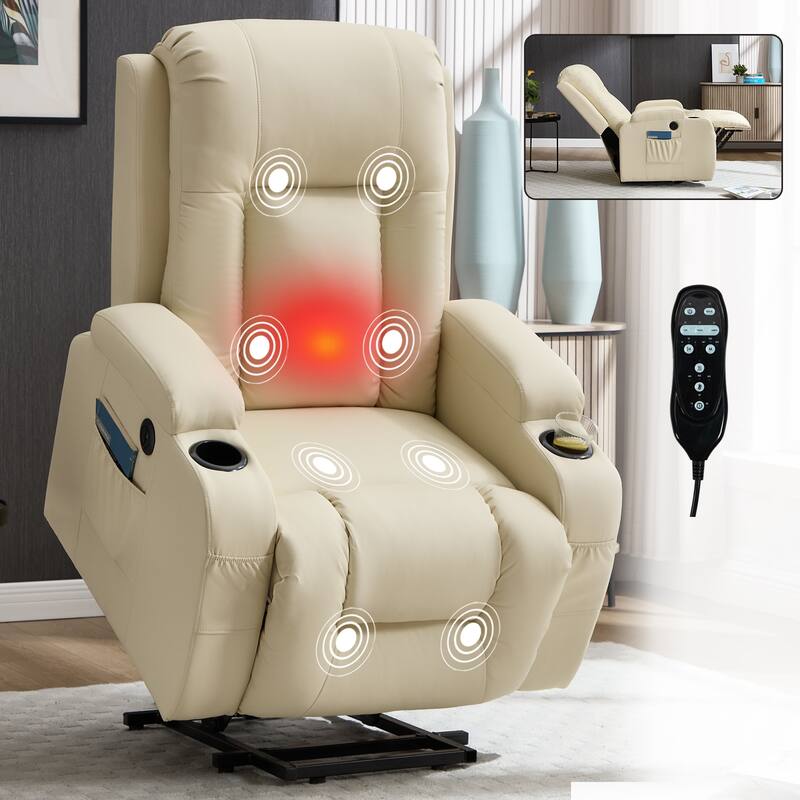 Roomfitters Heavy Duty Power Lift Recliner, PU Leather Massage Chair with Heat, USB Port and Dual Cup Holders - Beige