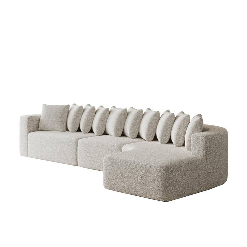 Living Room Chenille Corner Couch Curved Sectional Sofa with Chaise and 10 Pillows, Floor Standing Modular Compressed Sofa