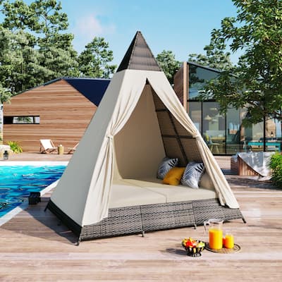 90.5" Triangle Tent Daybed Sunbed with Pillows & Curtain