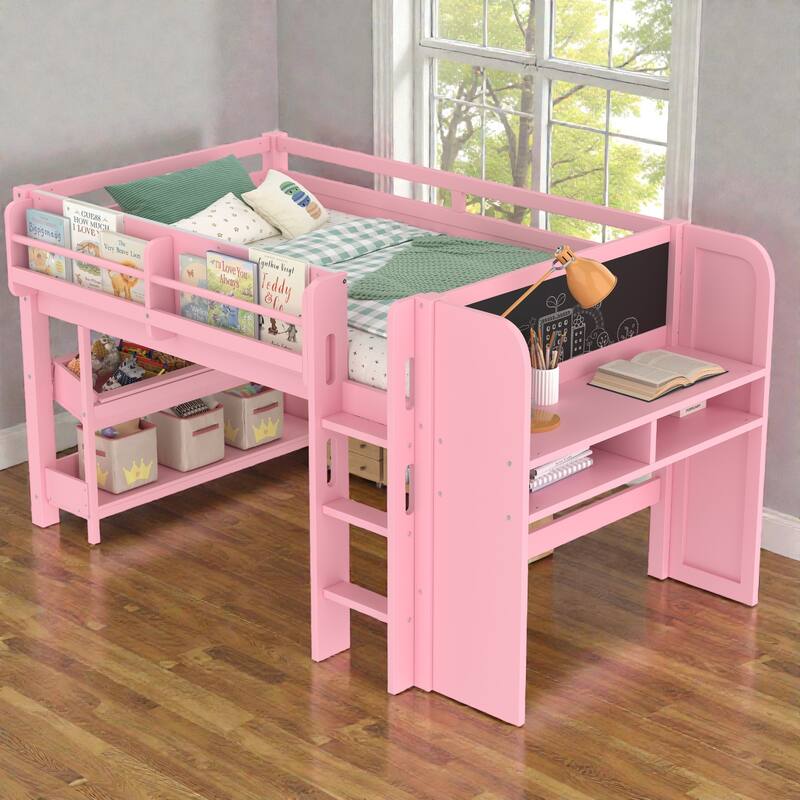Low Loft Bed with Desk, Storage Bookcases, Drawers & Boxes, Solid Wood Kids Loft Bed with Blackboard Shelf