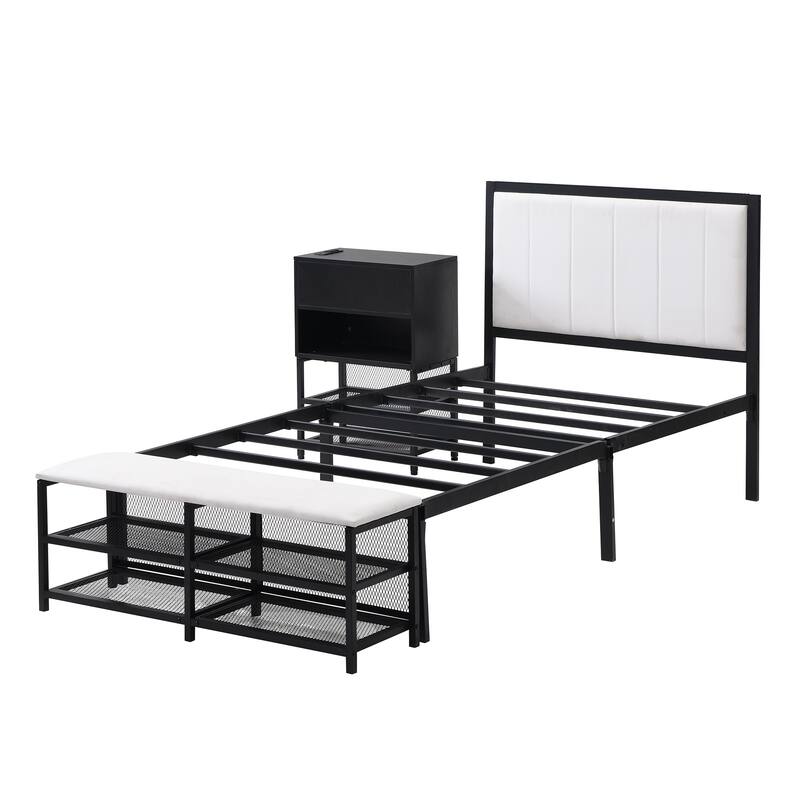 Metal Platform Bed with Two-Tier Storage Shelves, Wooden Storage Cabinet