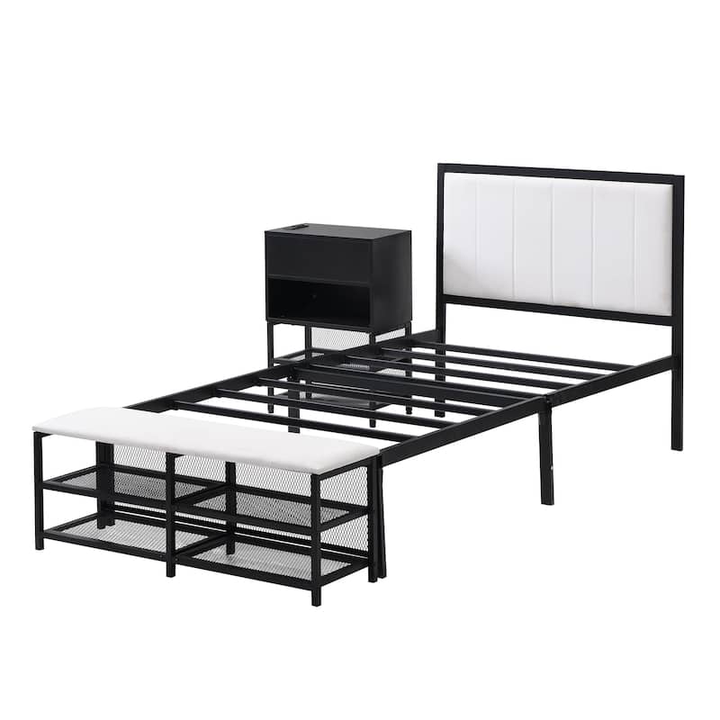 Platform Bed with 2-Tier Storage Shelves & Wooden Storage Cabinet, Metal Bed Frame w/Upholstered Headboard & USB Ports
