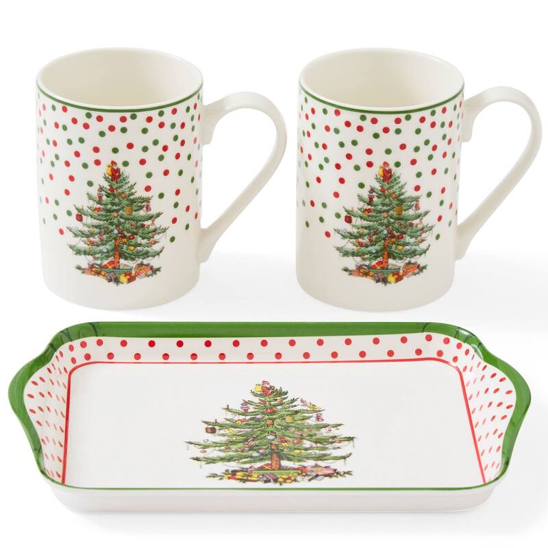 Pimpernel Christmas Tree Polka Dot Mug and Tray Set - 8" L x 5" W - 3 Piece - 8" L x 5" W - Multicolored