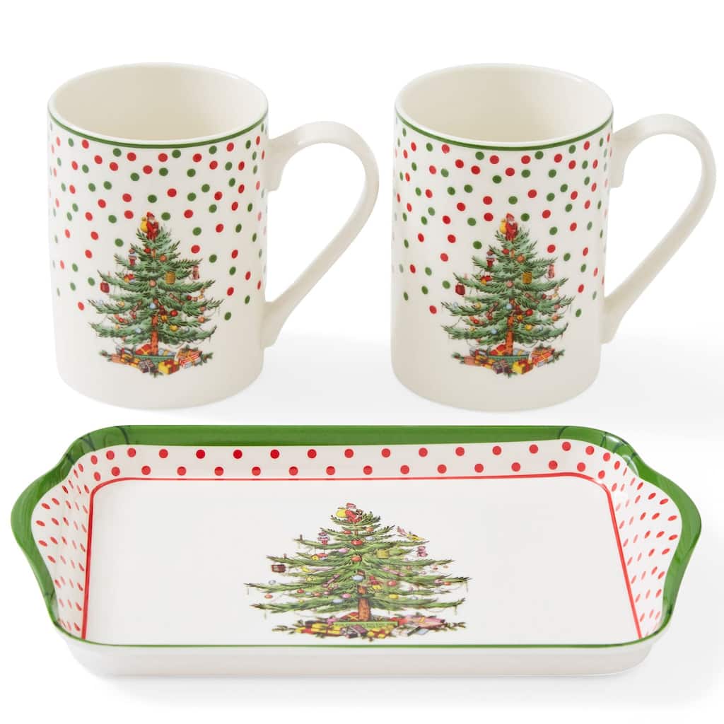 Pimpernel Christmas Tree Polka Dot Mug and Tray Set - 8" L x 5" W
