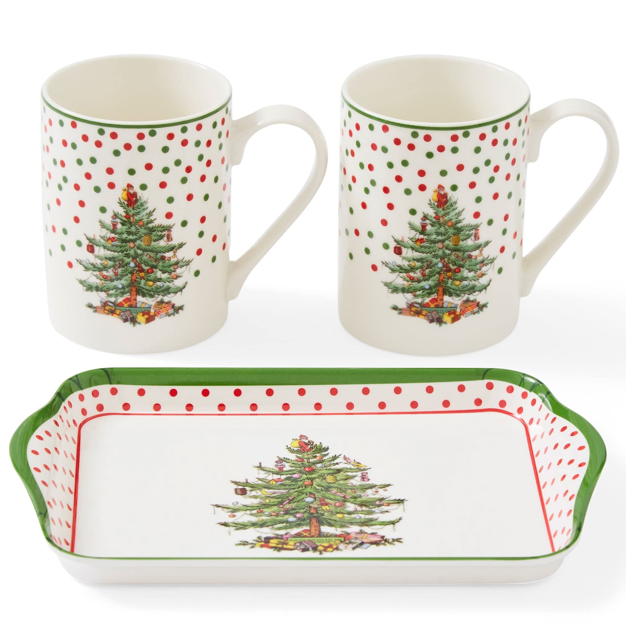 Pimpernel Christmas Tree Polka Dot Mug and Tray Set - 8" L x 5" W