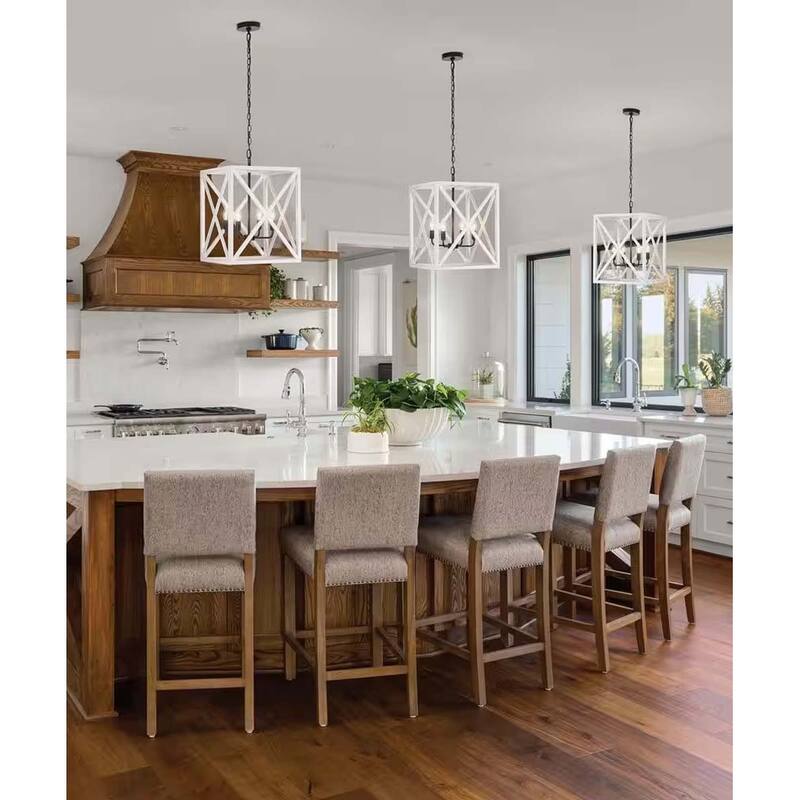 Alsy 16"W 4-Light Distressed White Caged Large Pendant Chandelier Light Fixture, French Country Style