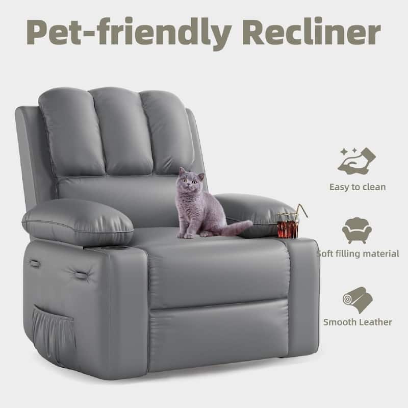 Oversized PU Recliner Sofa Chair with Heat Massage 360° Swivel and Manual Rocking Function