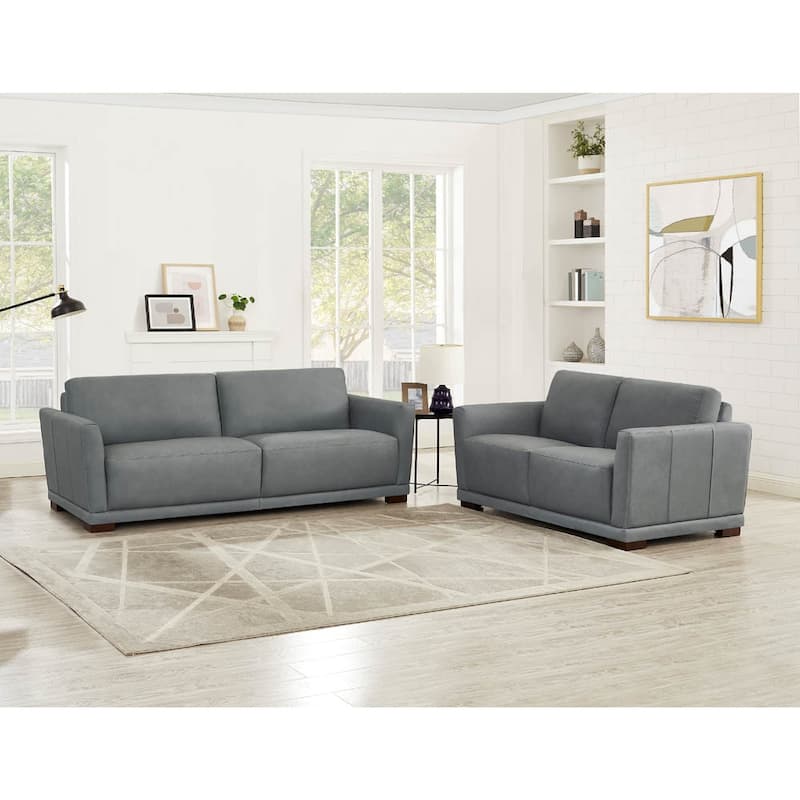 Hydeline Mary Top Grain Leather Sofa and Loveseat Set with Memory Foam and Springs - Slate Gray