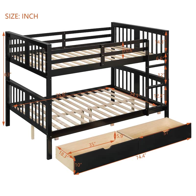 Full over Full Bunk Bed with Drawers and Ladder for Bedroom, Guest Room Furniture