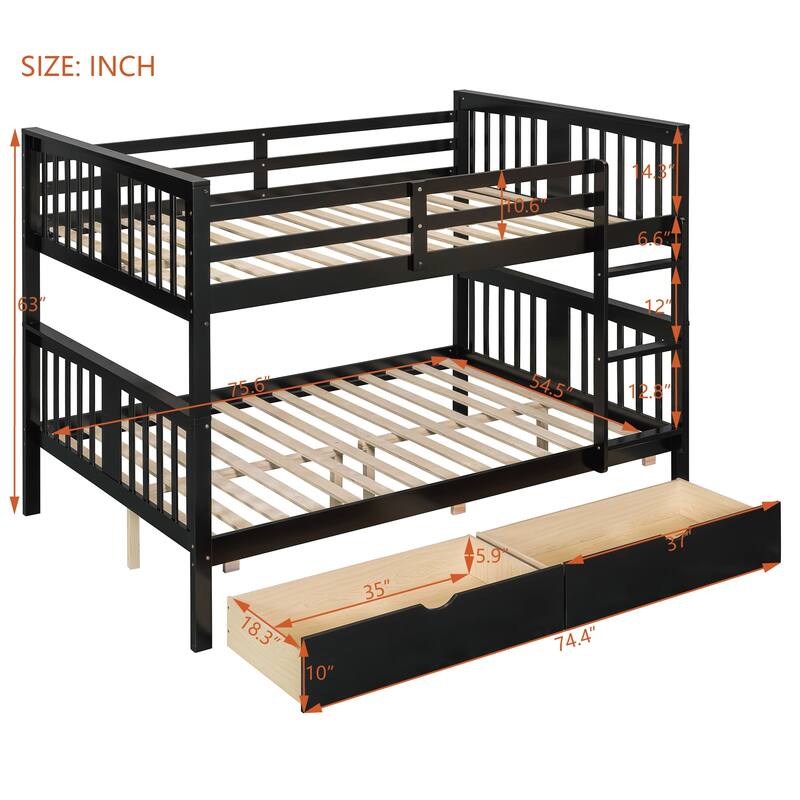 Roomfitters Full Over Full Bunk Bed with Drawers and Ladder, Solid Wood Frame for Bedroom or Guest Room