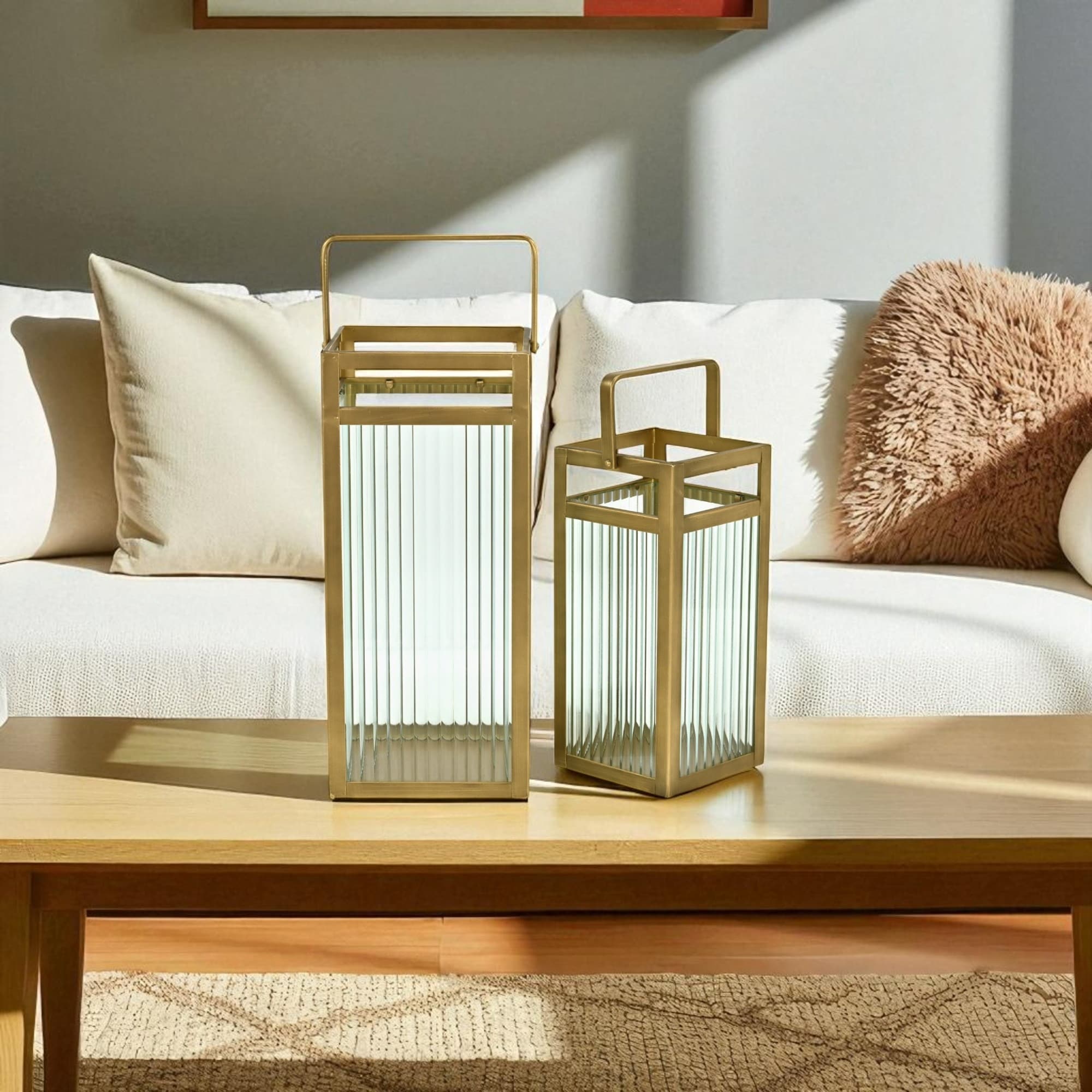 Fluted Glass Rectangular Tabletop Lanterns - 16" - Gold - Set of 2