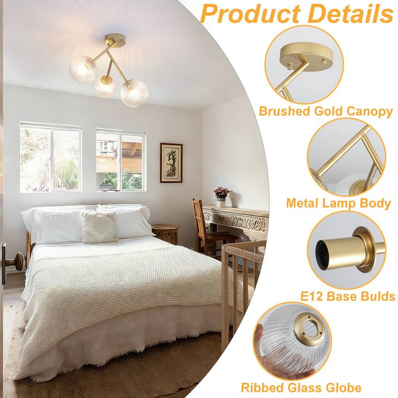 Modern 3-Light Semi-Flush Mount Light with Ribbed Glass Shades