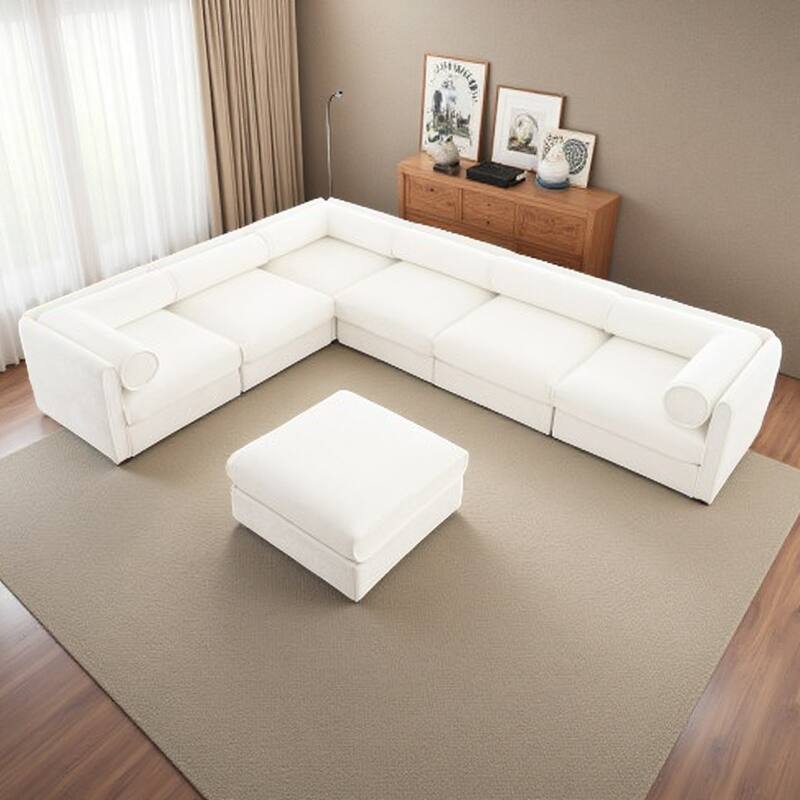 Modern Chenille 6-Seater Sofa with Ottoman Storage, Hidden Storage, Cylindrical Cushioned Arms and Backrest