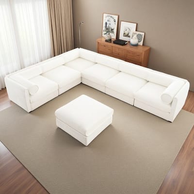 Modern Chenille 6-Seater Sofa with Ottoman Storage, Hidden Storage, Cylindrical Cushioned Arms and Backrest
