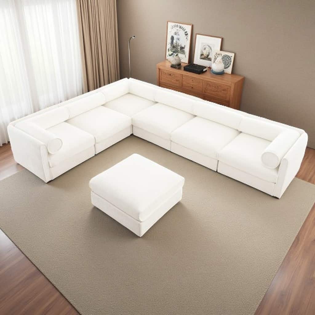 Modern Chenille 6-Seater Sofa with Ottoman Storage, Hidden Storage, Cylindrical Cushioned Arms and Backrest