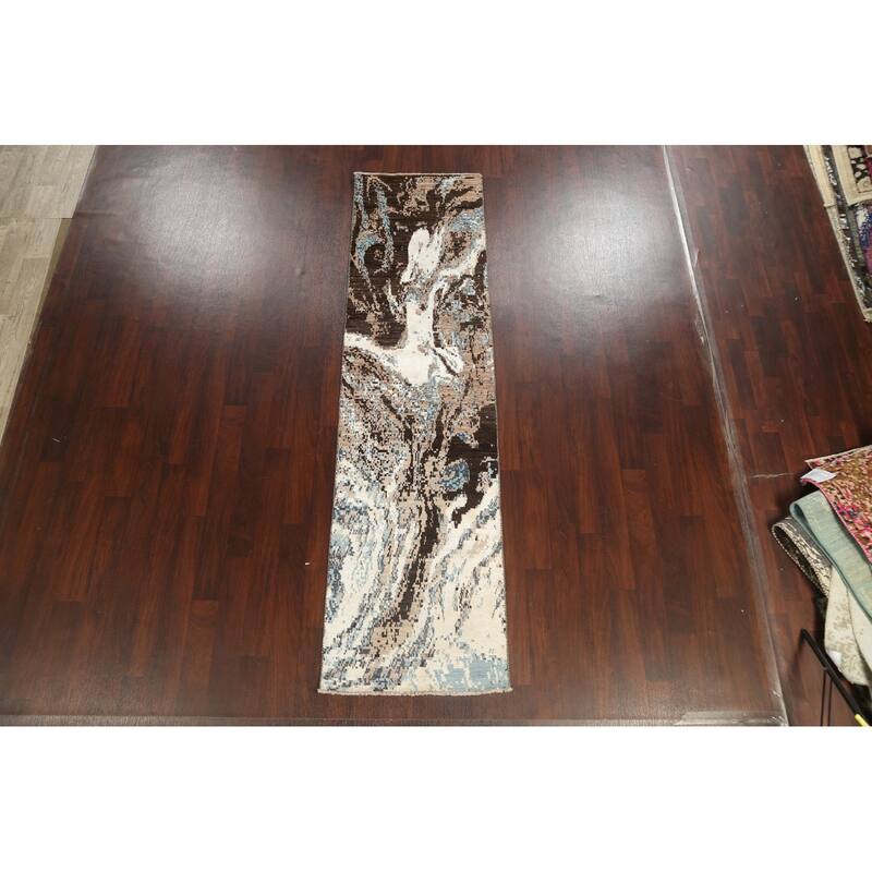 Wool/ Silk Vegetable Dye Oriental Abstract Runner Rug Hand-knotted - 2'7" x 9'10"