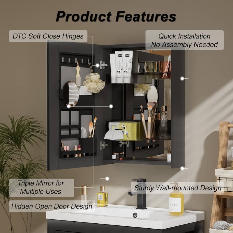 Multi-Function Mirror Cabinet Wall-Mounted Storage with Adjustable Organizer Boxes