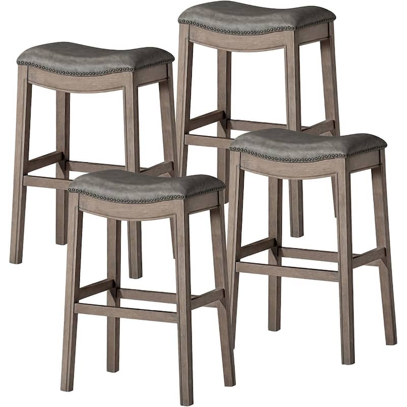 Maven Lane 31" Adrien Saddle Kitchen Bar Height Stool - N/A - Set of 4 - Reclaimed Oak Vegan Leather