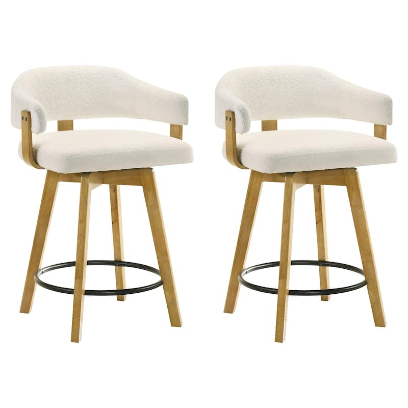 Callah White Boucle Bar Stool, Upholstered Counter Stool with Solid Wood Legs - Set of 2 - Counter Height
