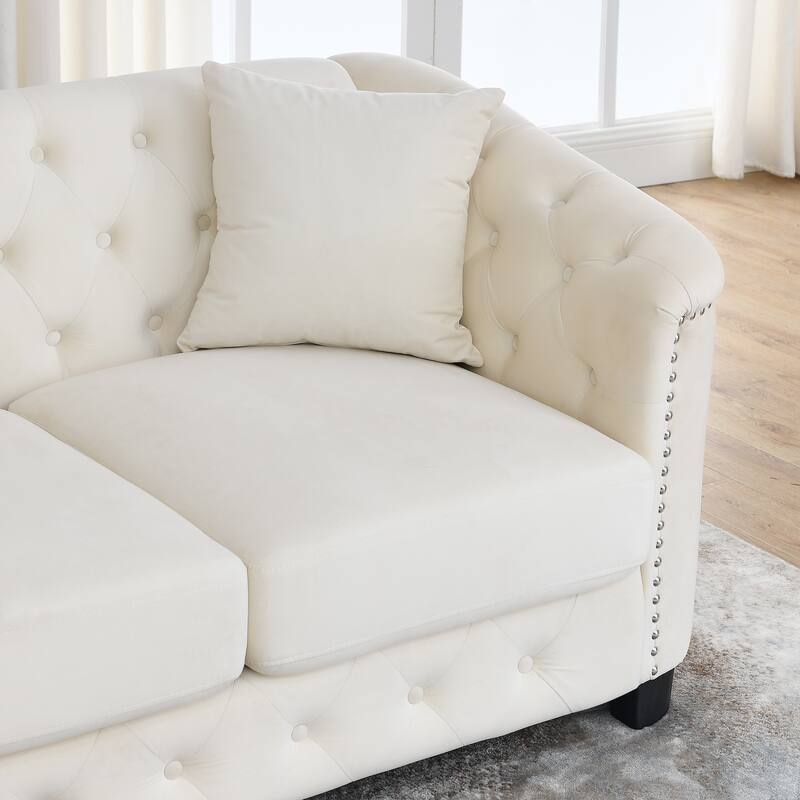 Modern Chesterfield Velvet Sofa, 3-Seater Sofa,Upholstered Tufted Backrests with Nailhead Arms and 2 Cushions