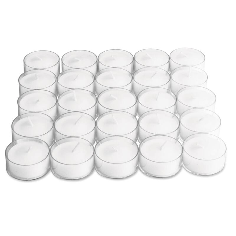 25 Clear Cup Tealight Candles - Everyday White Wax, 3 Hour Burn Time, Perfect for Candle Holders and Votive Displays