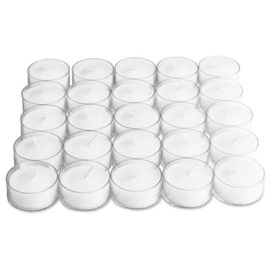 25 Clear Cup Tealight Candles - Everyday White Wax, 3 Hour Burn Time, Perfect for Candle Holders and Votive Displays