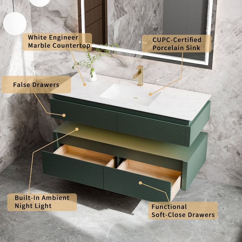 Modland 48" Modern Wall-Mounted Single Sink Bathroom Vanity with Engineered Stone Countertop,Soft-Close Drawers